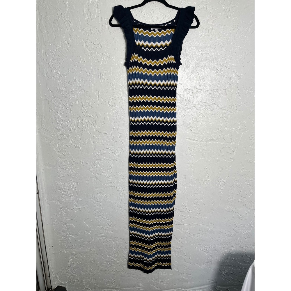 Heartloom Chevron Knit‎ Maxi Dress Size M Navy Mustard Ruffle Sleeveless Boho